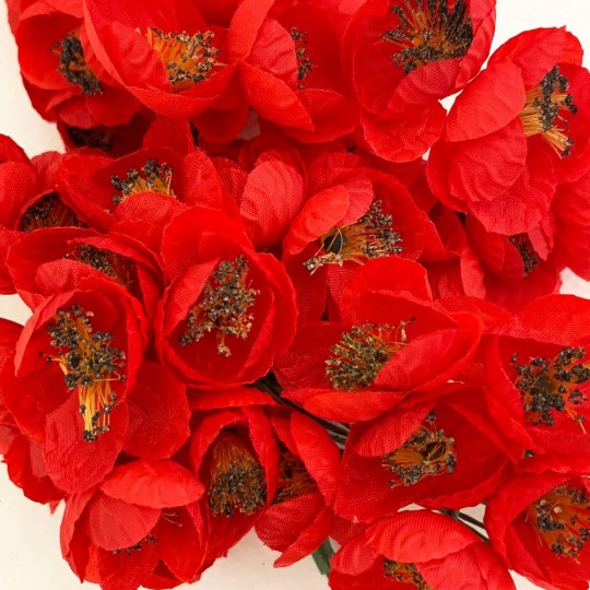 6 Red Fabric Millinery Poppies ~ Austria ~ 1"